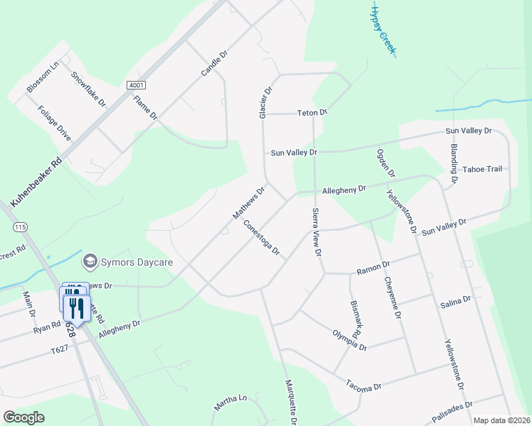 map of restaurants, bars, coffee shops, grocery stores, and more near 1460 Allegheny Drive in Blakeslee