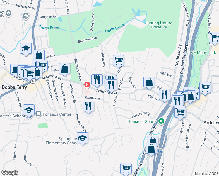 map of restaurants, bars, coffee shops, grocery stores, and more near 94 Virginia Avenue in Dobbs Ferry
