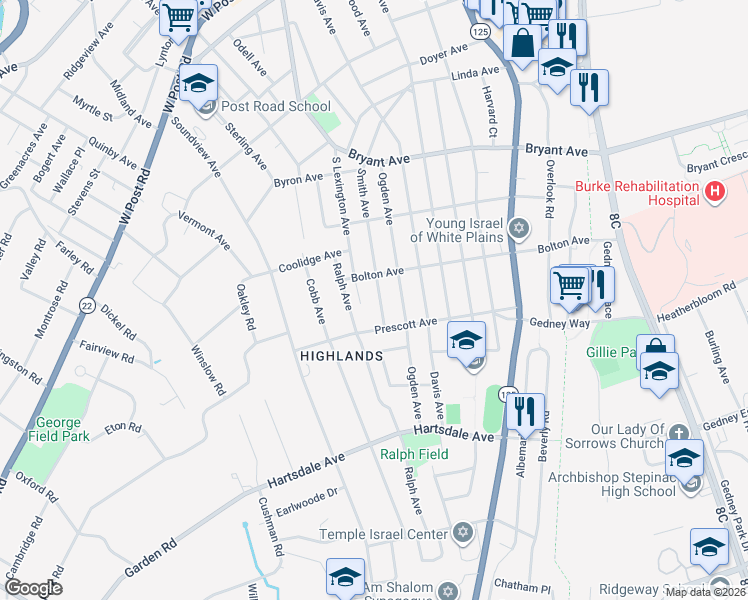 map of restaurants, bars, coffee shops, grocery stores, and more near 104 Smith Avenue in White Plains