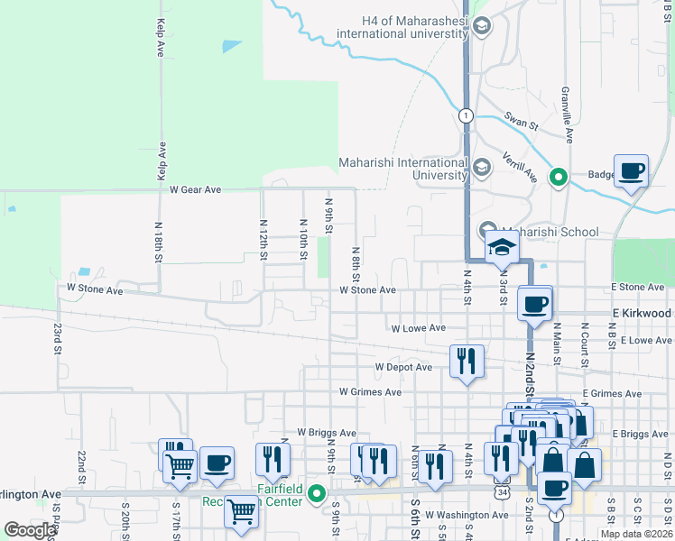 map of restaurants, bars, coffee shops, grocery stores, and more near 801 North 9th Street in Fairfield