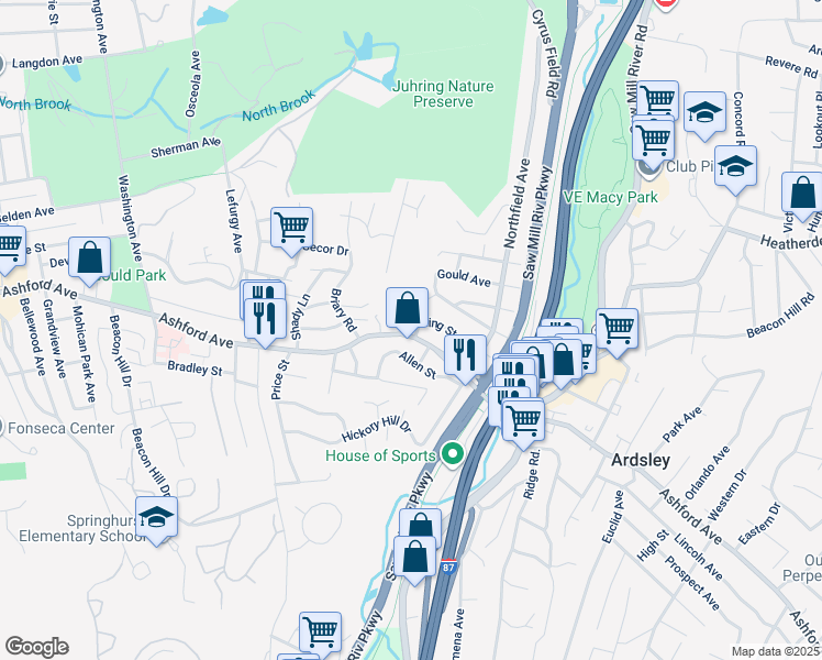 map of restaurants, bars, coffee shops, grocery stores, and more near 349 Ashford Avenue in Dobbs Ferry