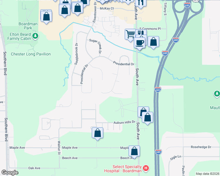 map of restaurants, bars, coffee shops, grocery stores, and more near 7698 Buchanan Dr in Youngstown