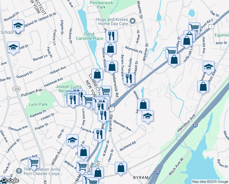 map of restaurants, bars, coffee shops, grocery stores, and more near 10 Pemberwick Road in Greenwich