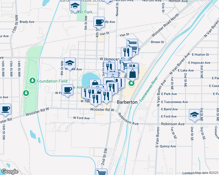 map of restaurants, bars, coffee shops, grocery stores, and more near 146 2nd Street Northwest in Barberton