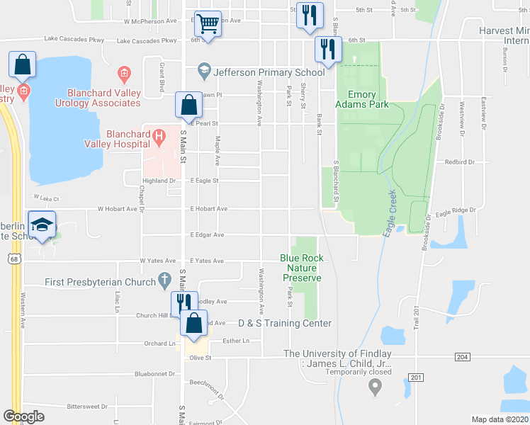 map of restaurants, bars, coffee shops, grocery stores, and more near 2101 Washington Avenue in Findlay
