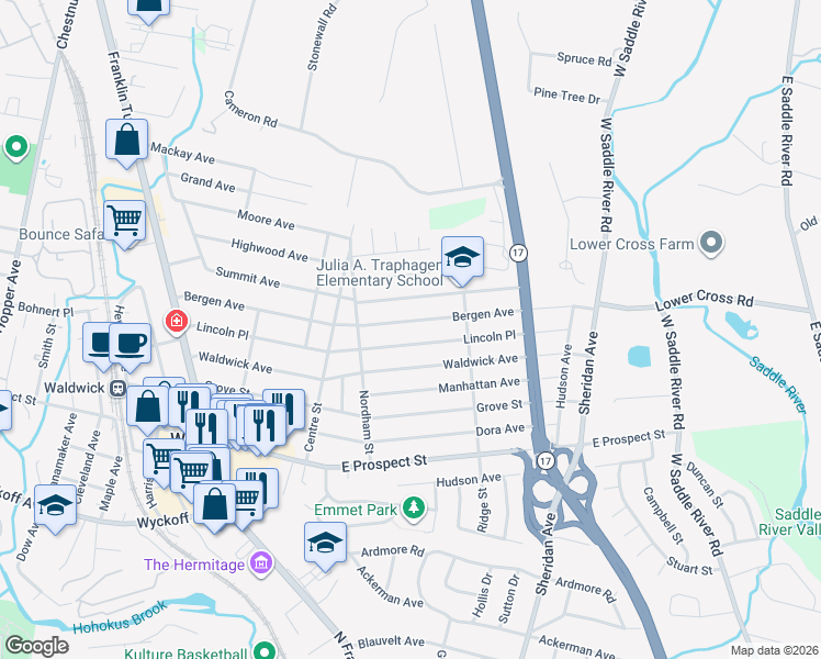 map of restaurants, bars, coffee shops, grocery stores, and more near 100 Bergen Avenue in Waldwick