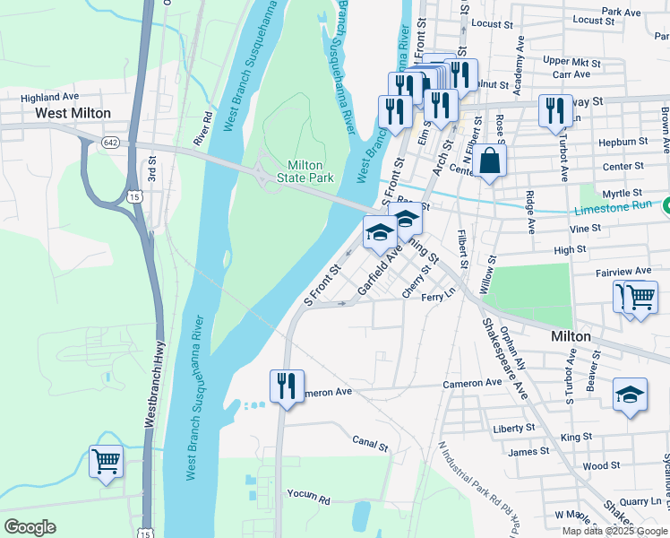 map of restaurants, bars, coffee shops, grocery stores, and more near 399 South Front Street in Milton