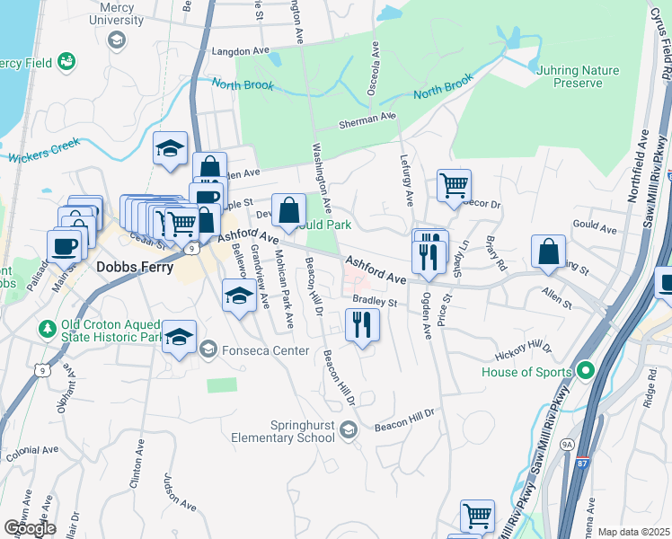 map of restaurants, bars, coffee shops, grocery stores, and more near 12 South Washington Avenue in Dobbs Ferry