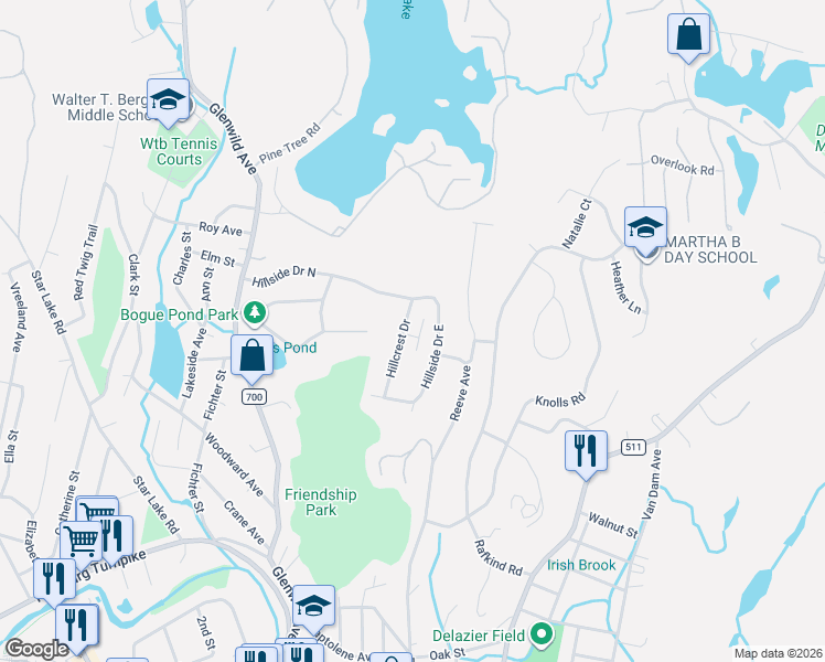 map of restaurants, bars, coffee shops, grocery stores, and more near 11 Hillcrest Dr in Bloomingdale