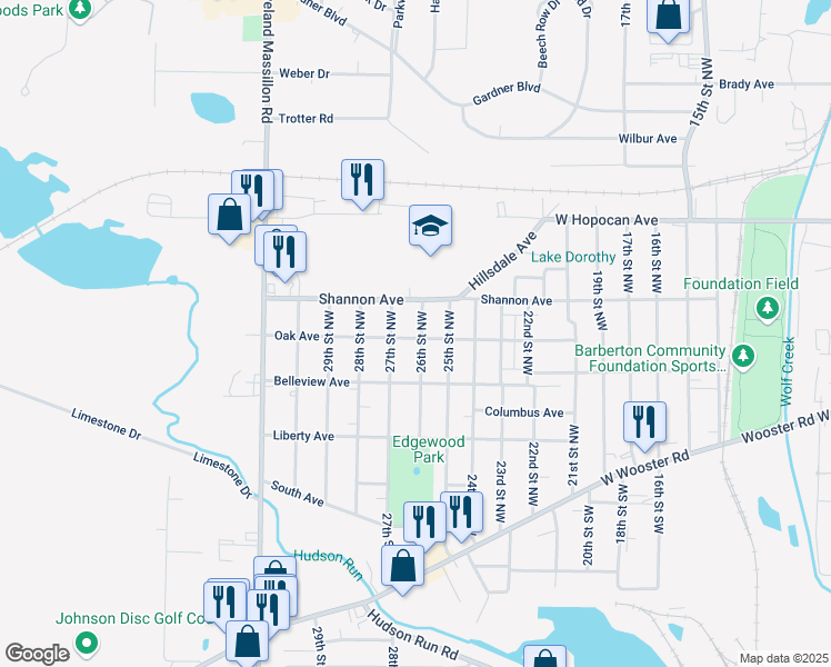 map of restaurants, bars, coffee shops, grocery stores, and more near 1187 Oak Avenue in Barberton