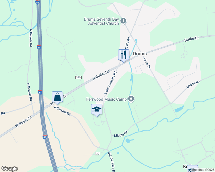 map of restaurants, bars, coffee shops, grocery stores, and more near 33 South Old Turnpike Road in Drums