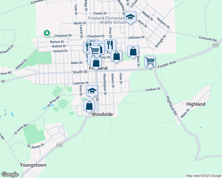 map of restaurants, bars, coffee shops, grocery stores, and more near 322-324 Adams St in Freeland