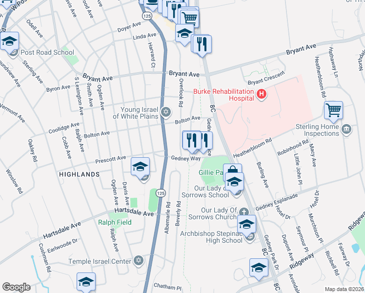 map of restaurants, bars, coffee shops, grocery stores, and more near 88 Overlook Road in White Plains