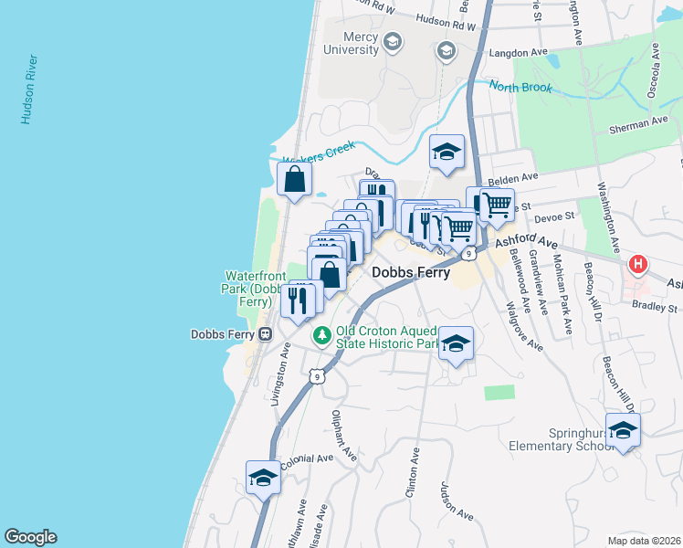 map of restaurants, bars, coffee shops, grocery stores, and more near 75 Main Street in Dobbs Ferry