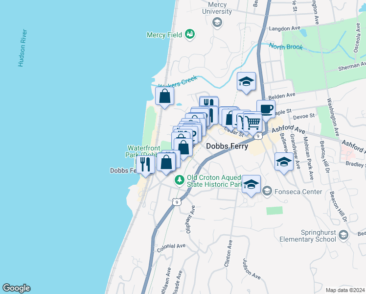 map of restaurants, bars, coffee shops, grocery stores, and more near 75 Main Street in Dobbs Ferry