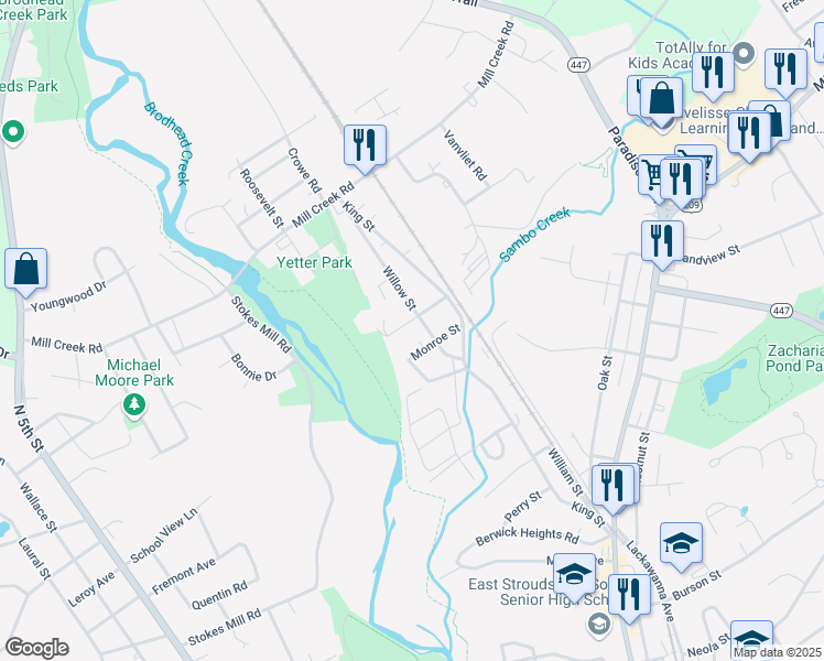 map of restaurants, bars, coffee shops, grocery stores, and more near 330 Monroe Street in East Stroudsburg