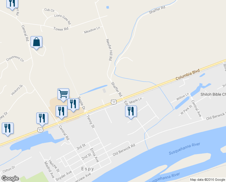 map of restaurants, bars, coffee shops, grocery stores, and more near 2701 P-Nut Lane in Bloomsburg