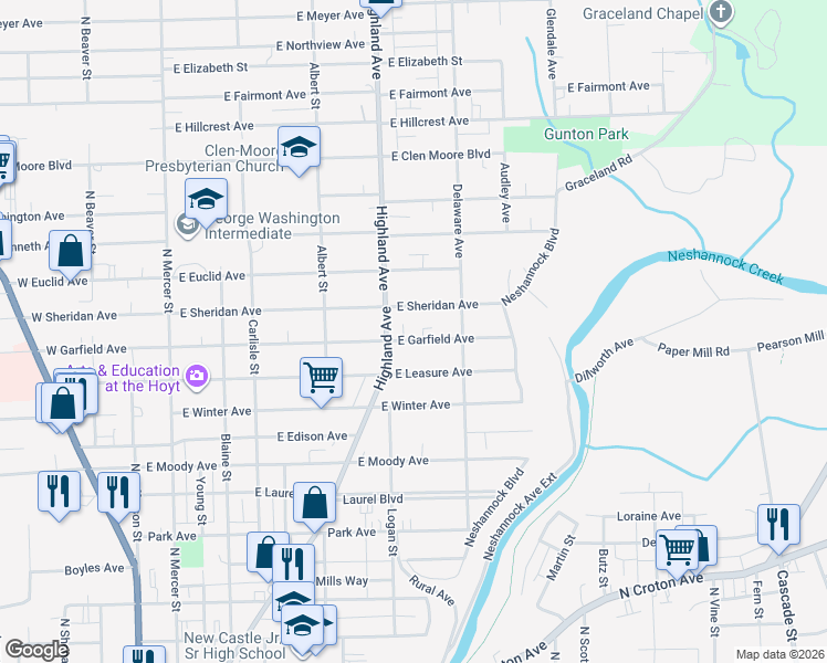map of restaurants, bars, coffee shops, grocery stores, and more near 409 East Garfield Avenue in New Castle