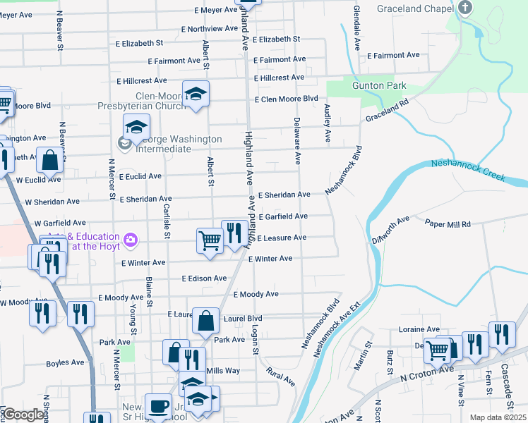 map of restaurants, bars, coffee shops, grocery stores, and more near 409 East Garfield Avenue in New Castle