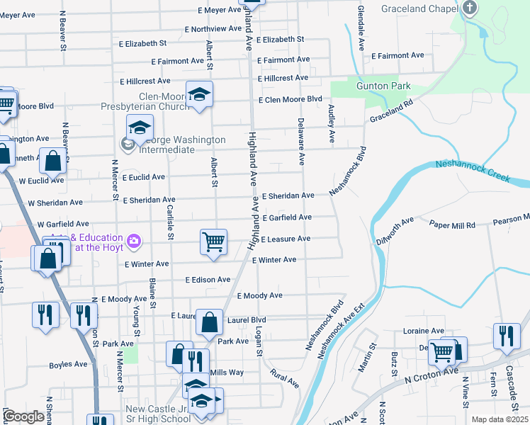 map of restaurants, bars, coffee shops, grocery stores, and more near 409 East Garfield Avenue in New Castle