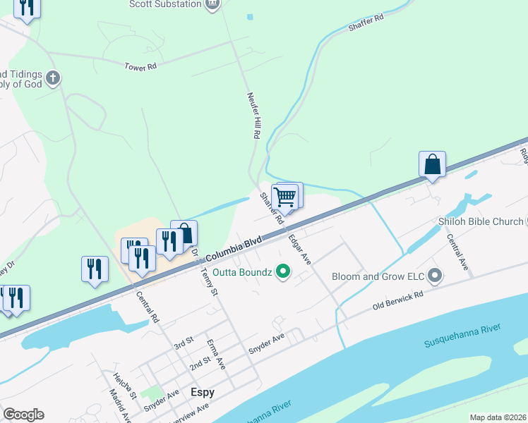 map of restaurants, bars, coffee shops, grocery stores, and more near 420 Shaffer Road in Bloomsburg