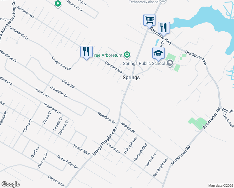 map of restaurants, bars, coffee shops, grocery stores, and more near 675 Springs Fireplace Rd in East Hampton