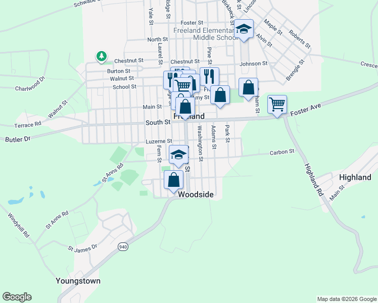 map of restaurants, bars, coffee shops, grocery stores, and more near 354 Washington Street in Freeland