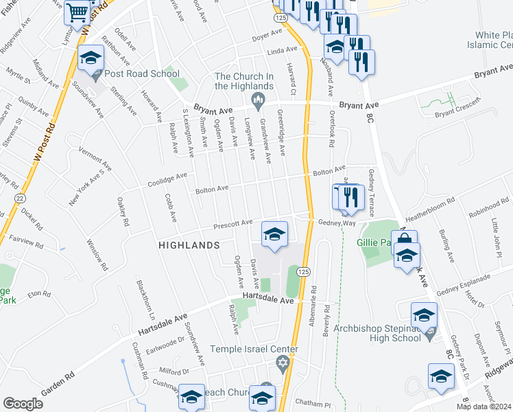 map of restaurants, bars, coffee shops, grocery stores, and more near 174 Longview Avenue in White Plains