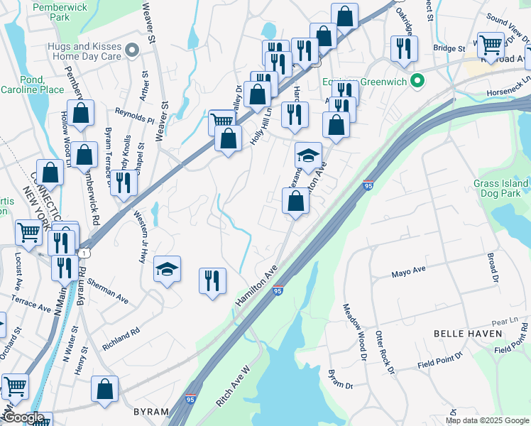 map of restaurants, bars, coffee shops, grocery stores, and more near 22 Booth Court in Greenwich