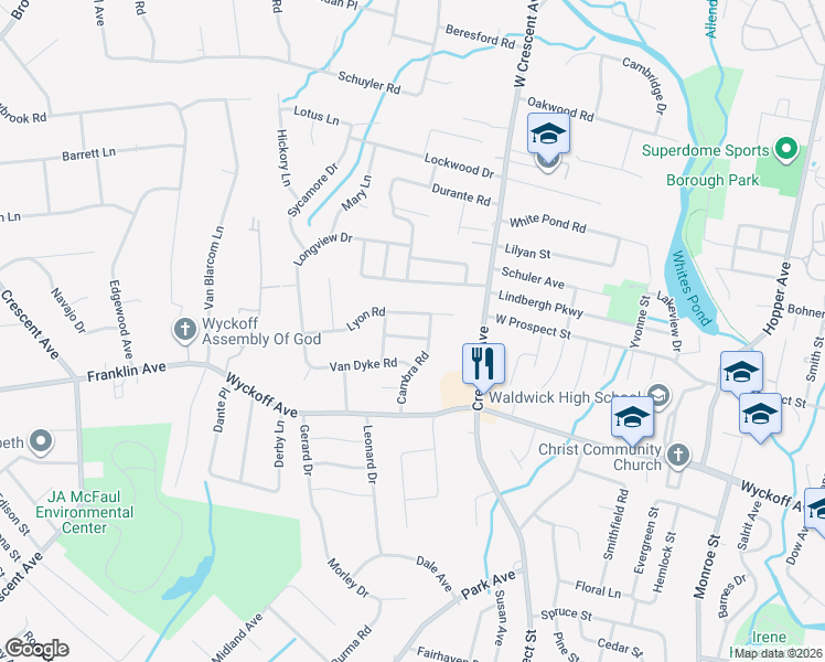 map of restaurants, bars, coffee shops, grocery stores, and more near 7 Warren Pl in Waldwick