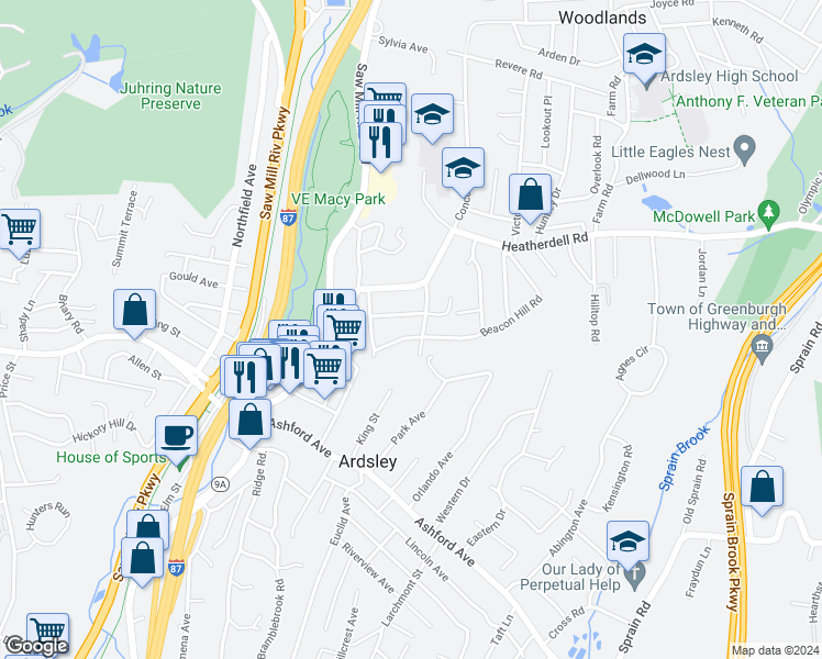 map of restaurants, bars, coffee shops, grocery stores, and more near 30 Beacon Hill Road in Ardsley