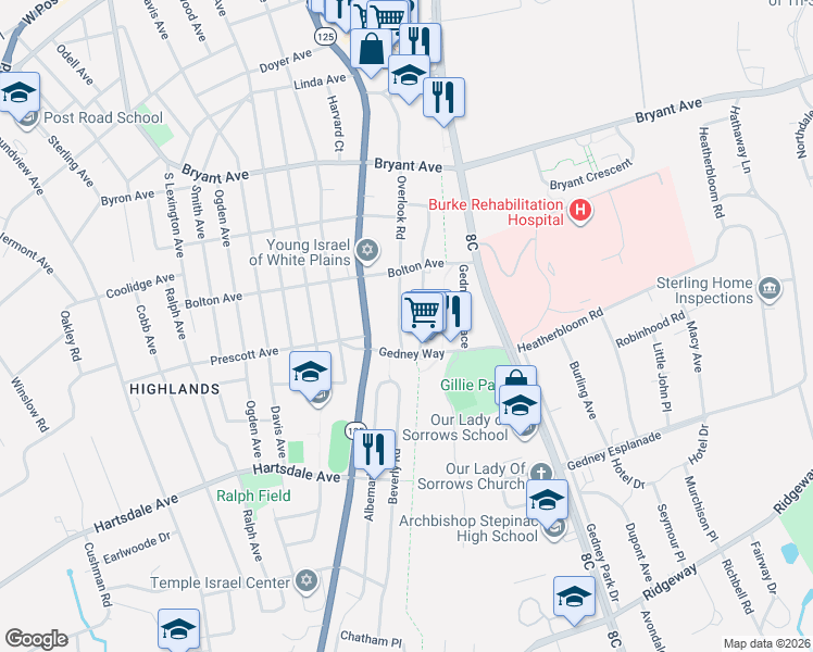 map of restaurants, bars, coffee shops, grocery stores, and more near 88 Overlook Road in White Plains