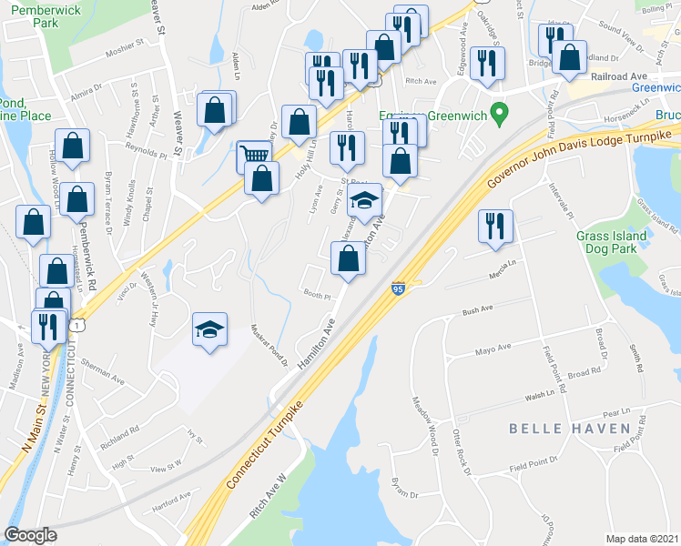 map of restaurants, bars, coffee shops, grocery stores, and more near 308 Hamilton Avenue in Greenwich