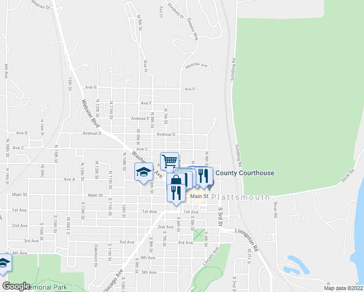 map of restaurants, bars, coffee shops, grocery stores, and more near 524 Avenue C in Plattsmouth