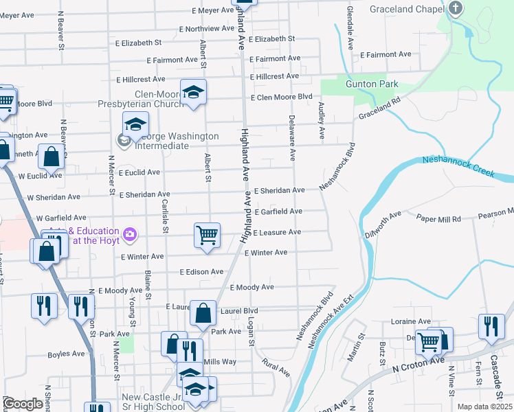 map of restaurants, bars, coffee shops, grocery stores, and more near 409 East Garfield Avenue in New Castle