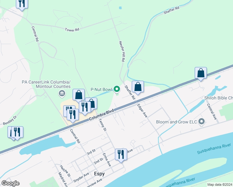 map of restaurants, bars, coffee shops, grocery stores, and more near 2701 P-Nut Lane in Bloomsburg