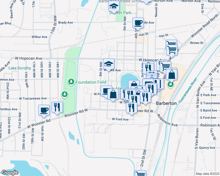 map of restaurants, bars, coffee shops, grocery stores, and more near 143 7th St NW in Barberton
