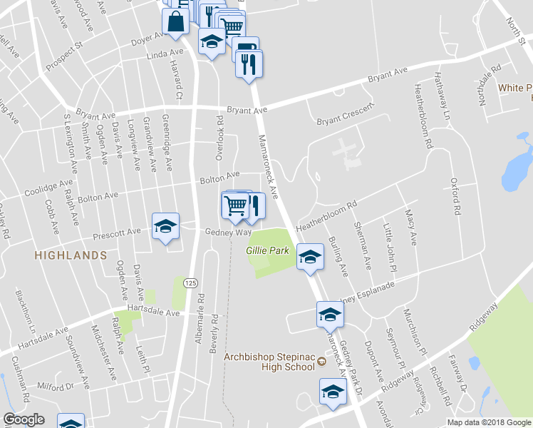 map of restaurants, bars, coffee shops, grocery stores, and more near 28 Gedney Terrace in White Plains