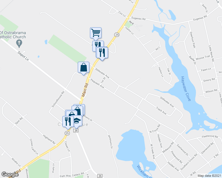 map of restaurants, bars, coffee shops, grocery stores, and more near 955 Pequash Avenue in Cutchogue