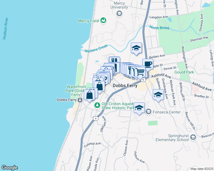 map of restaurants, bars, coffee shops, grocery stores, and more near 96 Main Street in Dobbs Ferry