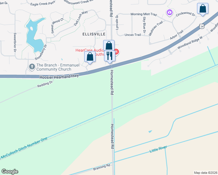 map of restaurants, bars, coffee shops, grocery stores, and more near 7438 Homestead Road in Fort Wayne