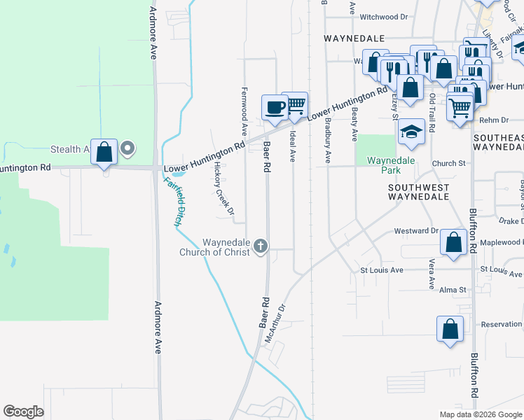 map of restaurants, bars, coffee shops, grocery stores, and more near 7318 Baer Road in Fort Wayne
