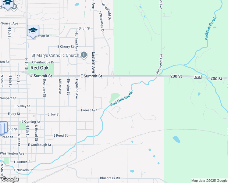map of restaurants, bars, coffee shops, grocery stores, and more near 1700 East Summit Street in Red Oak