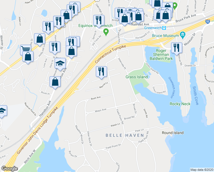 map of restaurants, bars, coffee shops, grocery stores, and more near 432 Field Point Road in Greenwich