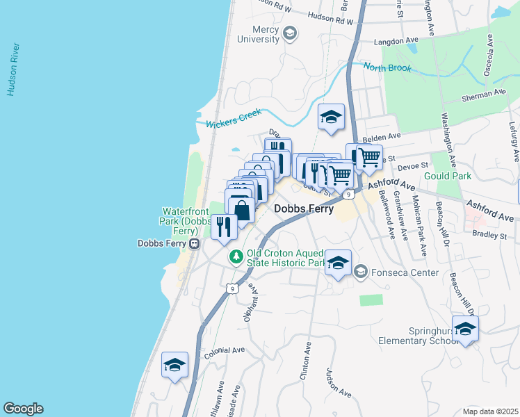 map of restaurants, bars, coffee shops, grocery stores, and more near 96 Main Street in Dobbs Ferry