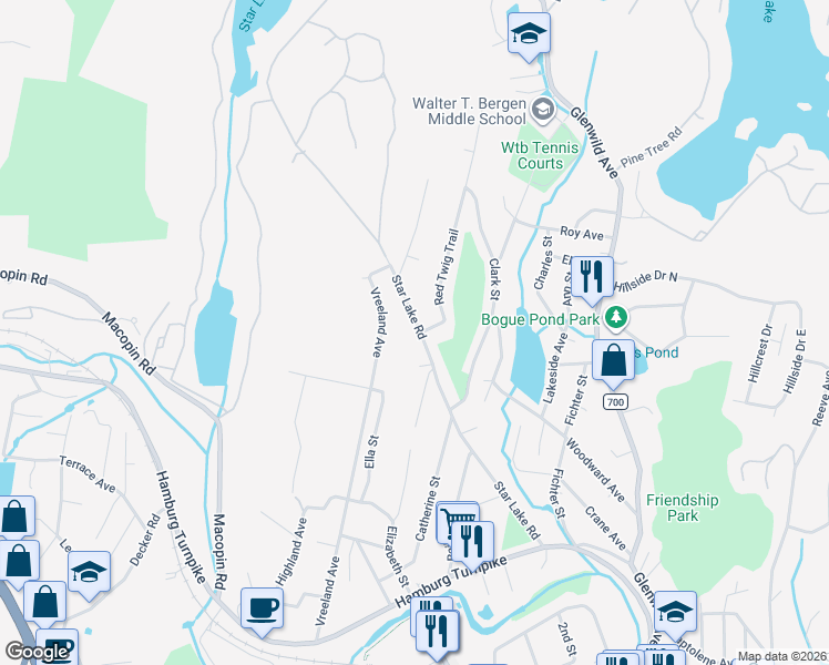map of restaurants, bars, coffee shops, grocery stores, and more near 105 Star Lake Road in Bloomingdale