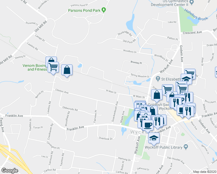 map of restaurants, bars, coffee shops, grocery stores, and more near 471 West Main Street in Wyckoff