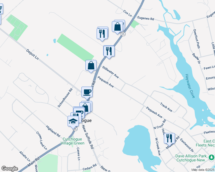 map of restaurants, bars, coffee shops, grocery stores, and more near 520 Pequash Avenue in Cutchogue