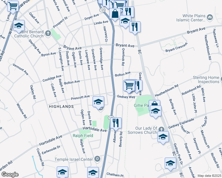 map of restaurants, bars, coffee shops, grocery stores, and more near 166 Old Mamaroneck Road in White Plains