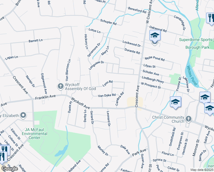 map of restaurants, bars, coffee shops, grocery stores, and more near 54 Lyon Road in Waldwick